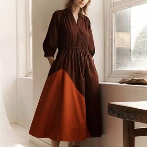 Toast UK brown, and orange color block midi  dress. Cotton size medium.